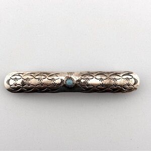 Vintage Southwestern Handtooled Sterling Silver Barrette with Turquoise Stone #2